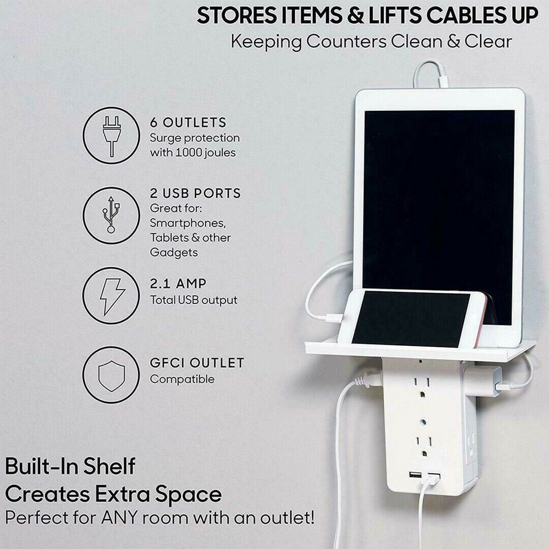 executive multi-charge wall outlet with shelf - surge protection and usb ports