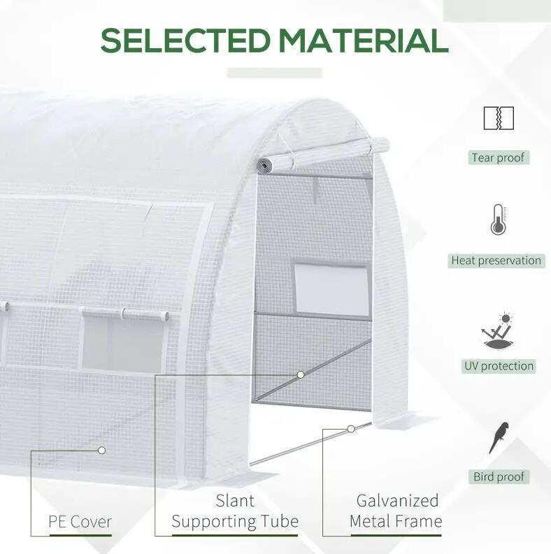 20' x 10' x 6' outdoor walk-in tunnel greenhouse w/12 roll-up windows;  white