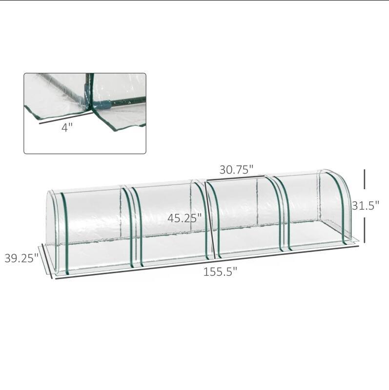 13' l x 3' w x 2.5' h portable tunneled greenhouse with 4 zippered doors, water/uv fighting pvc cover