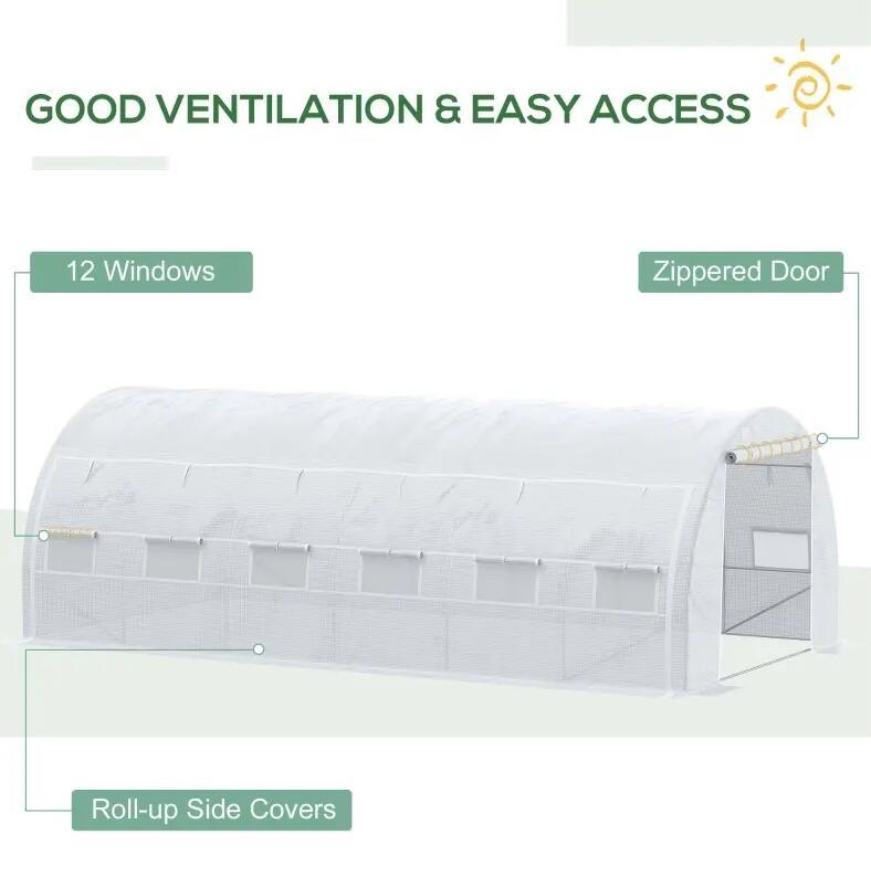 20' x 10' x 6' outdoor walk-in tunnel greenhouse w/12 roll-up windows;  white