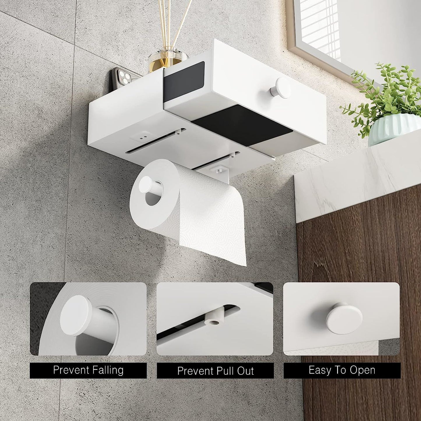 jetblack organizer: sleek toilet paper holder w/ shelf & drawer