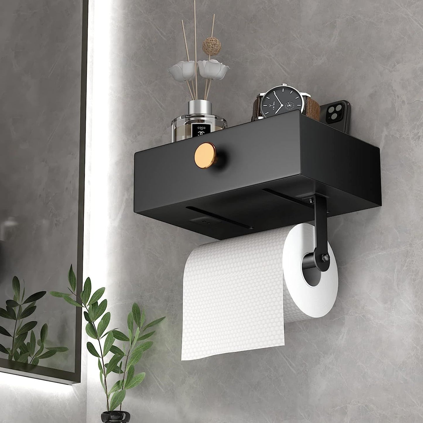 jetblack organizer: sleek toilet paper holder w/ shelf & drawer