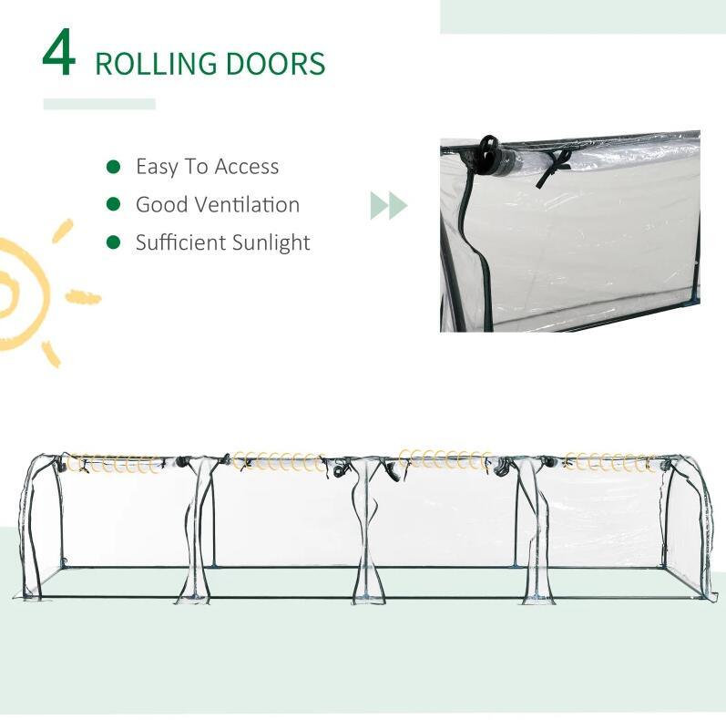 13' l x 3' w x 2.5' h portable tunneled greenhouse with 4 zippered doors, water/uv fighting pvc cover