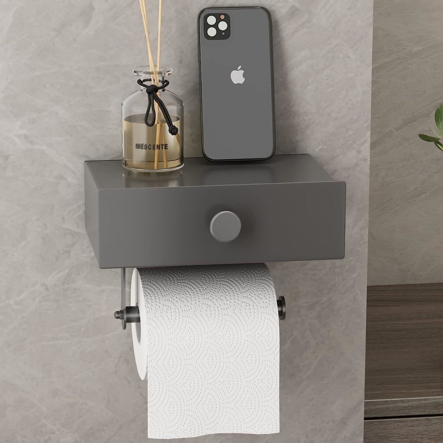 jetblack organizer: sleek toilet paper holder w/ shelf & drawer