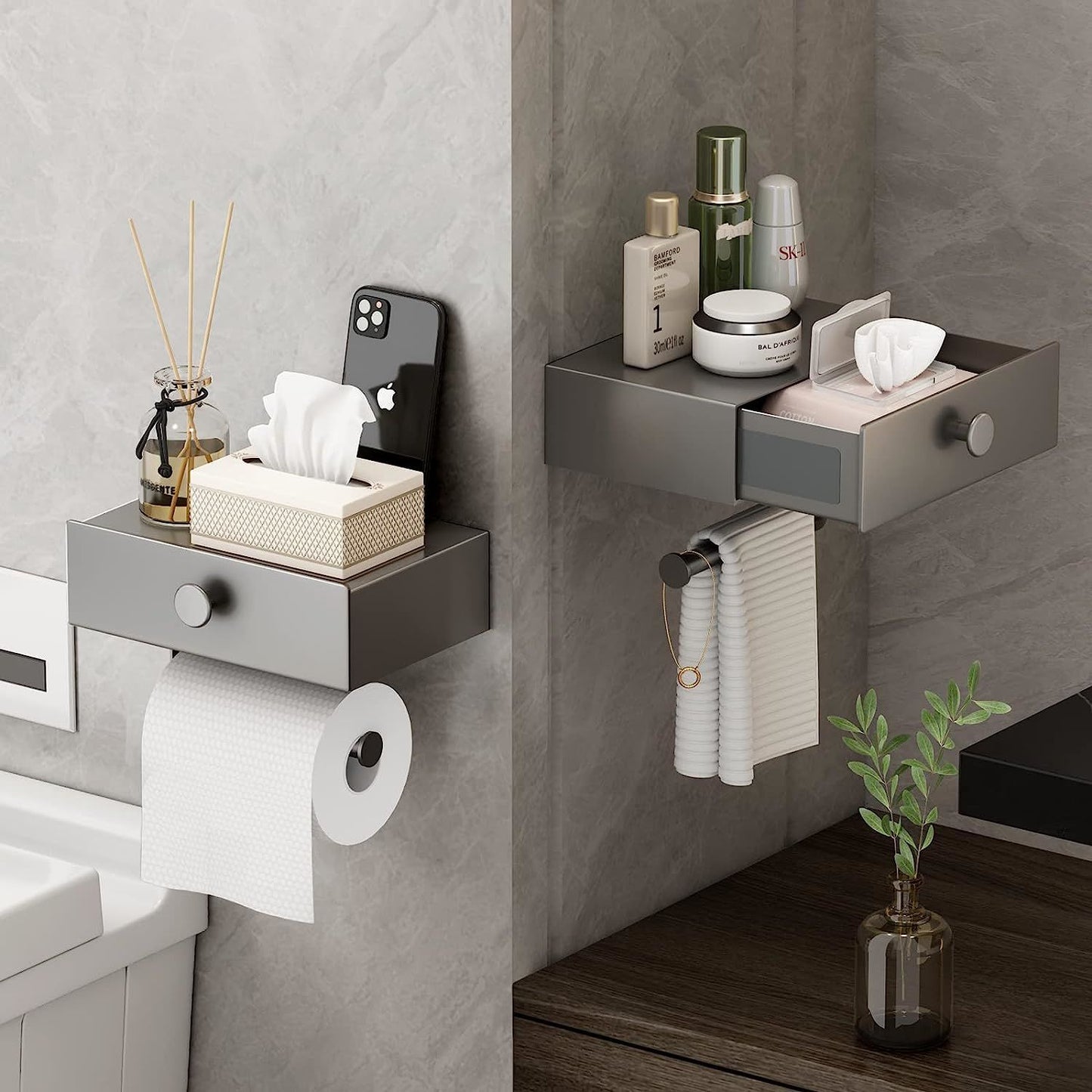 jetblack organizer: sleek toilet paper holder w/ shelf & drawer