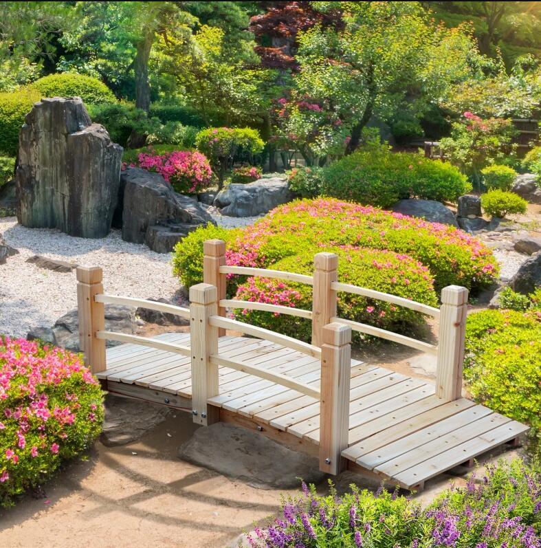 5 ft wooden garden bridge arc stained finish footbridge with railings for your backyard;  natural wood