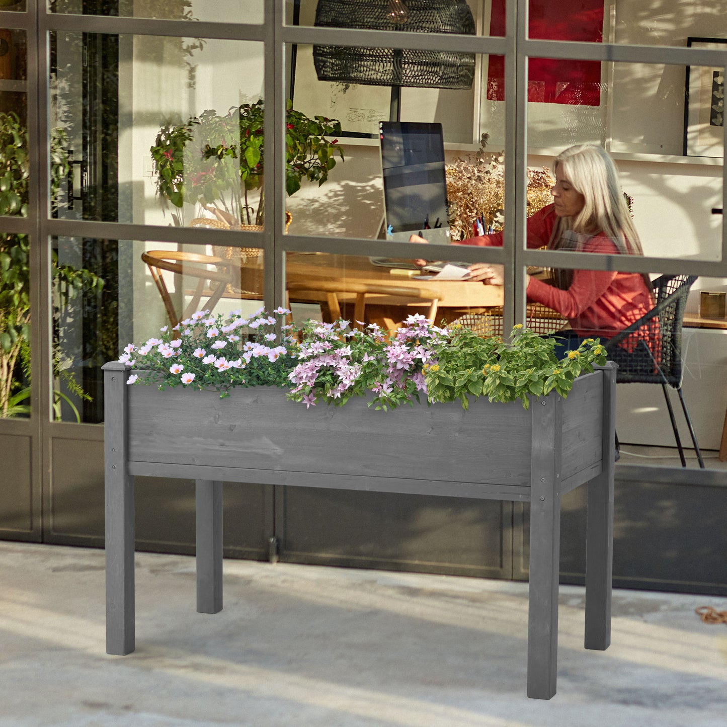 raised garden bed with legs, elevated wooden planter box for outdoor plants