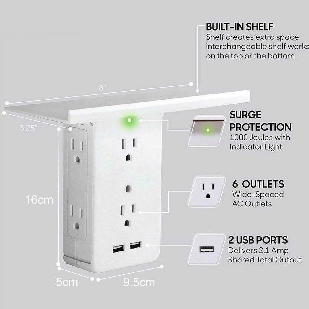 executive multi-charge wall outlet with shelf - surge protection and usb ports