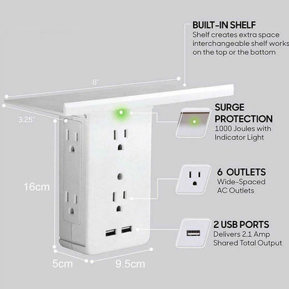 Executive Multi-Charge Wall Outlet with Shelf - Surge Protection and USB Ports