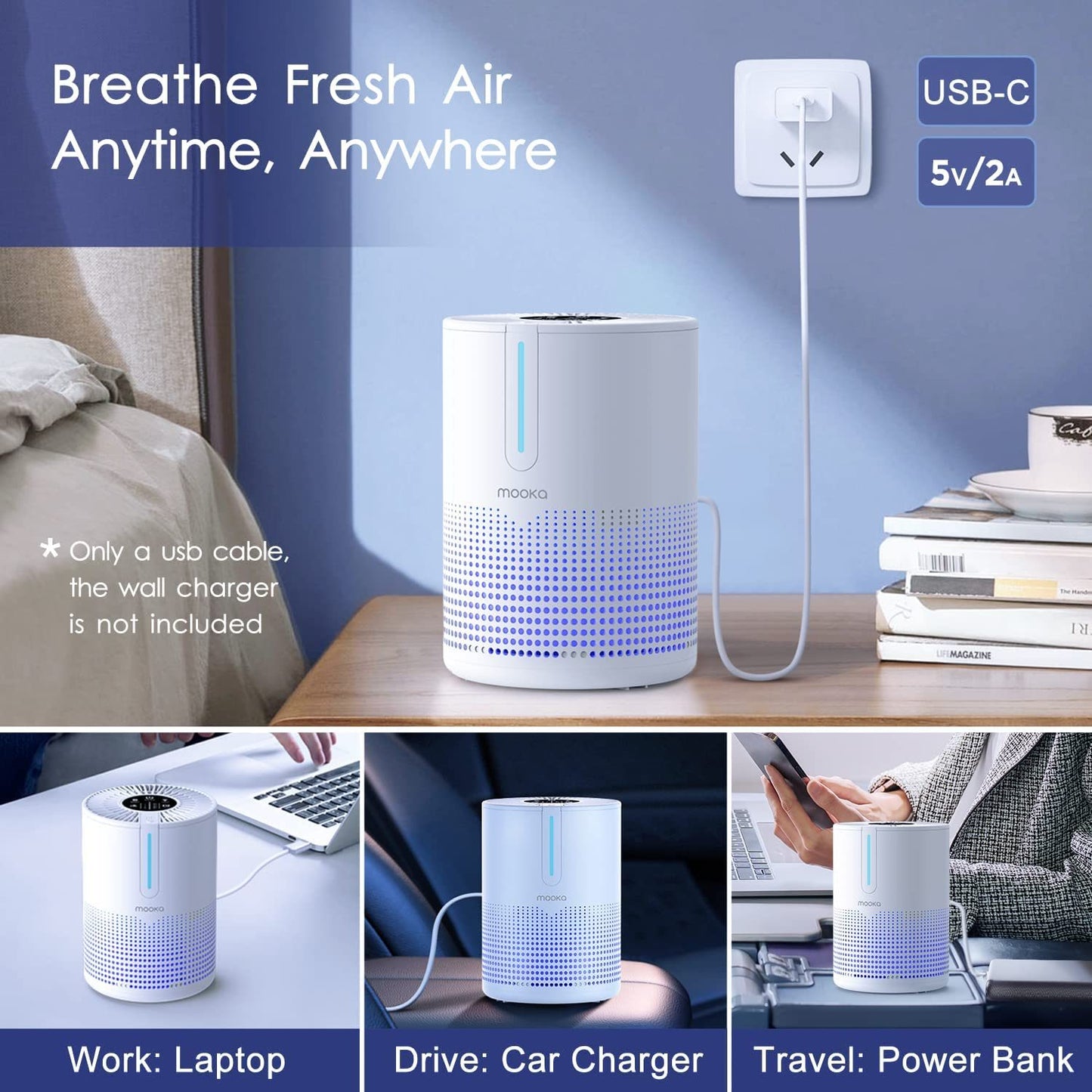 air purifiers for bedroom home, mooka hepa h13 filter air purifier with usb cable for smokers pollen pets dust odors in office car 300 sq.ft, travel-size desktop air cleaner