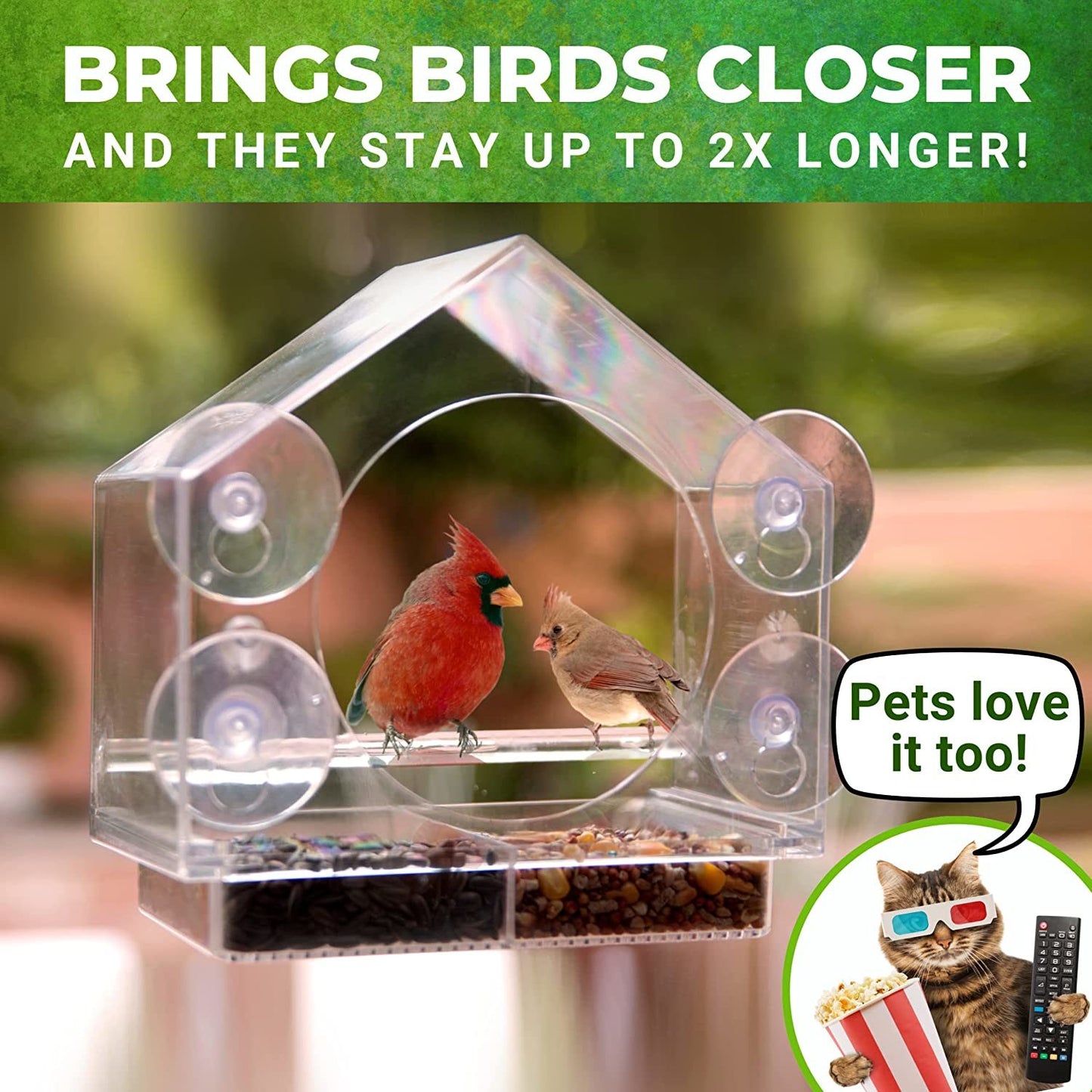 nature anywhere clear window bird feeder - strong suction cups, easy fill and clean