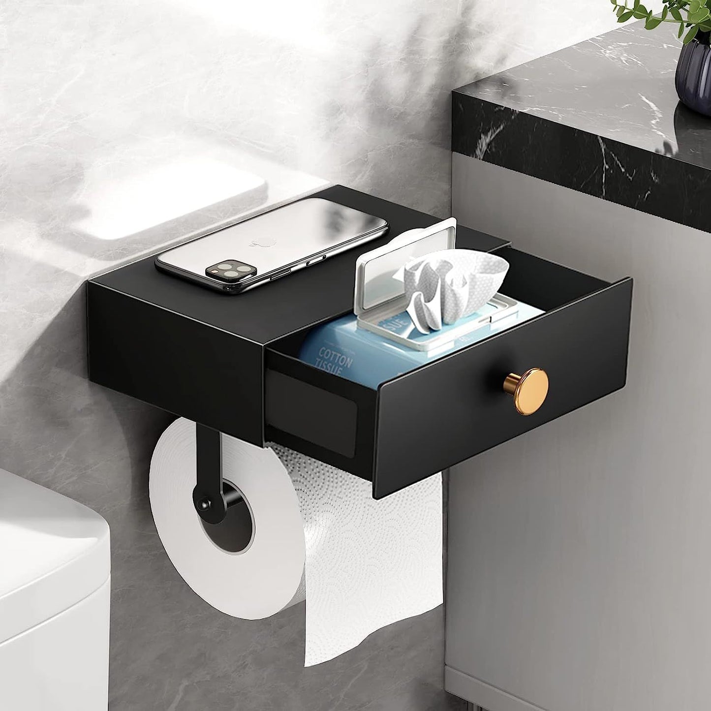 jetblack organizer: sleek toilet paper holder w/ shelf & drawer