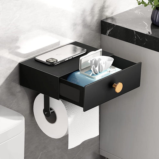 JetBlack Organizer: Sleek Toilet Paper Holder w/ Shelf & Drawer