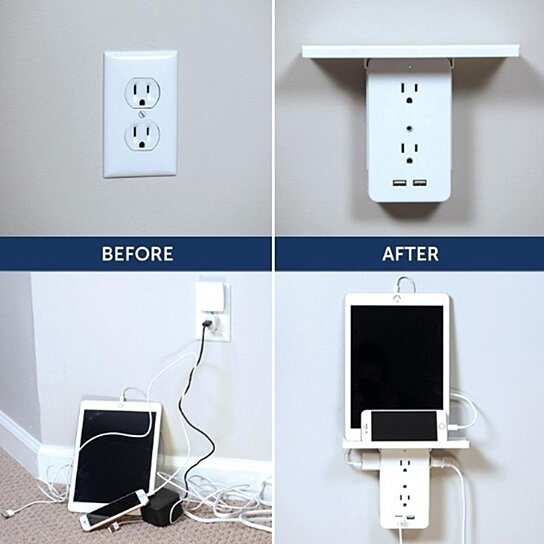 executive multi-charge wall outlet with shelf - surge protection and usb ports