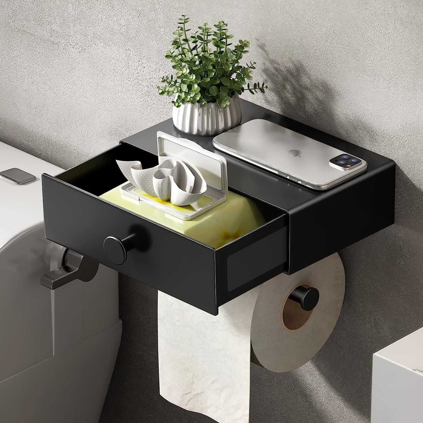 jetblack organizer: sleek toilet paper holder w/ shelf & drawer