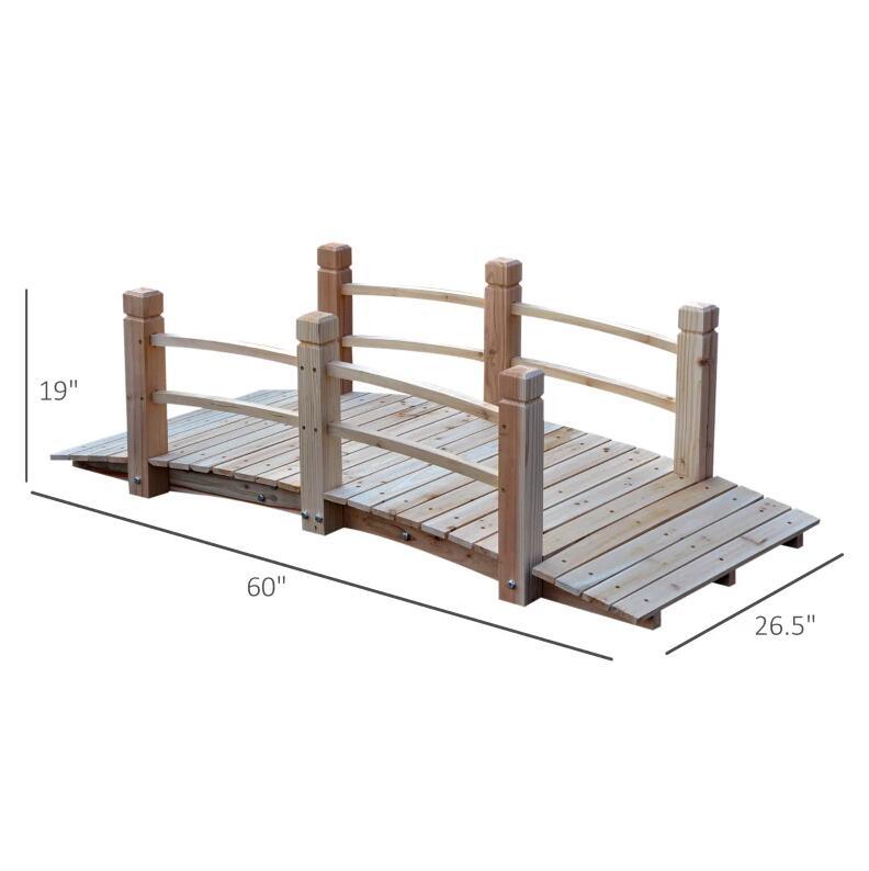 5 ft wooden garden bridge arc stained finish footbridge with railings for your backyard;  natural wood