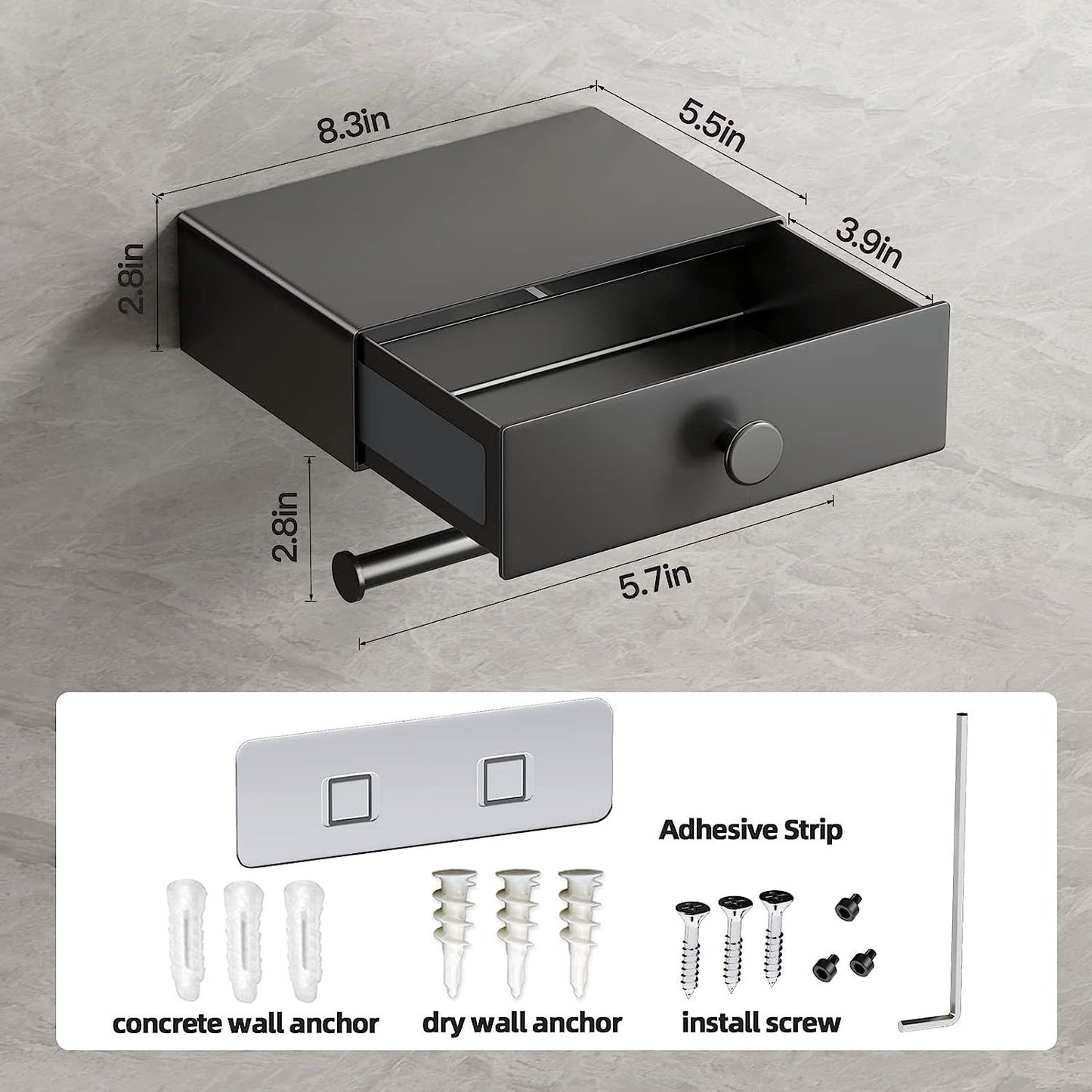 jetblack organizer: sleek toilet paper holder w/ shelf & drawer