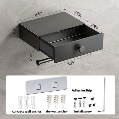 JetBlack Organizer: Sleek Toilet Paper Holder w/ Shelf & Drawer