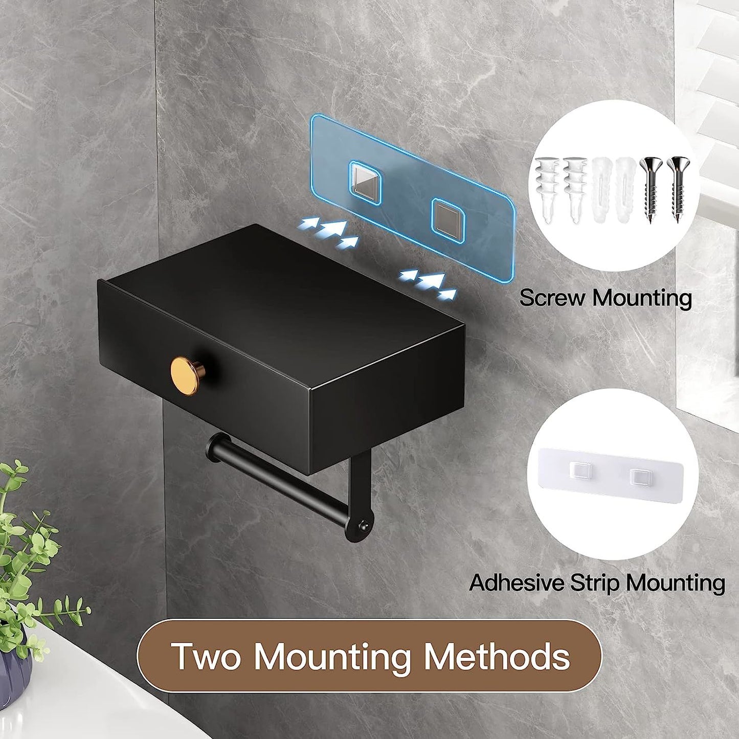 jetblack organizer: sleek toilet paper holder w/ shelf & drawer