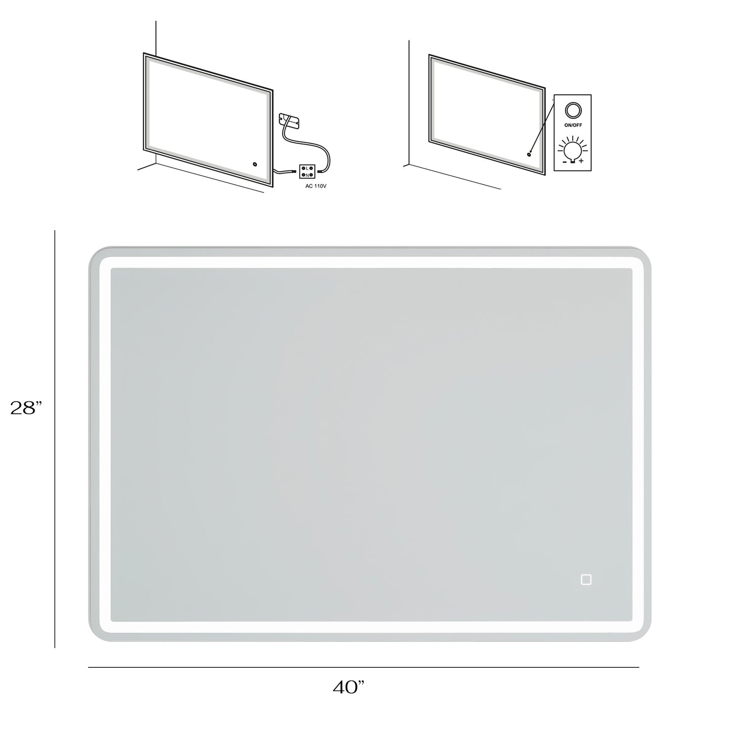 smart led bathroom vanity mirror 40x28 - frameless, anti-fog, bluetooth, wall-mount