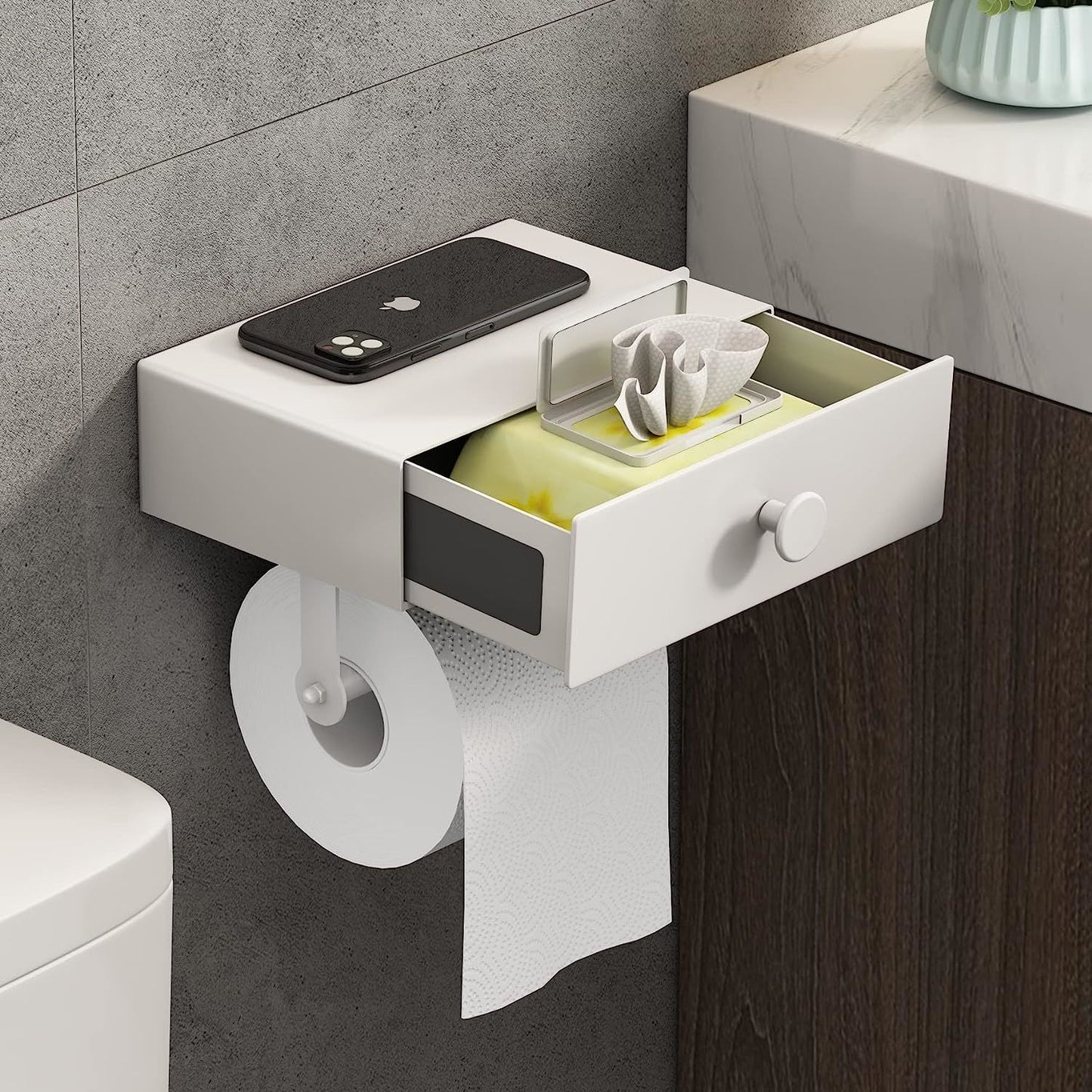 jetblack organizer: sleek toilet paper holder w/ shelf & drawer