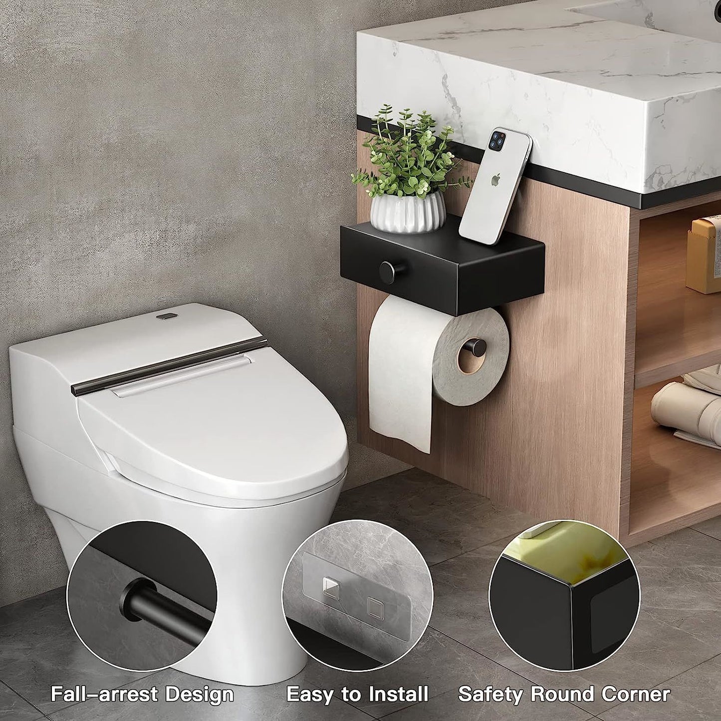 jetblack organizer: sleek toilet paper holder w/ shelf & drawer