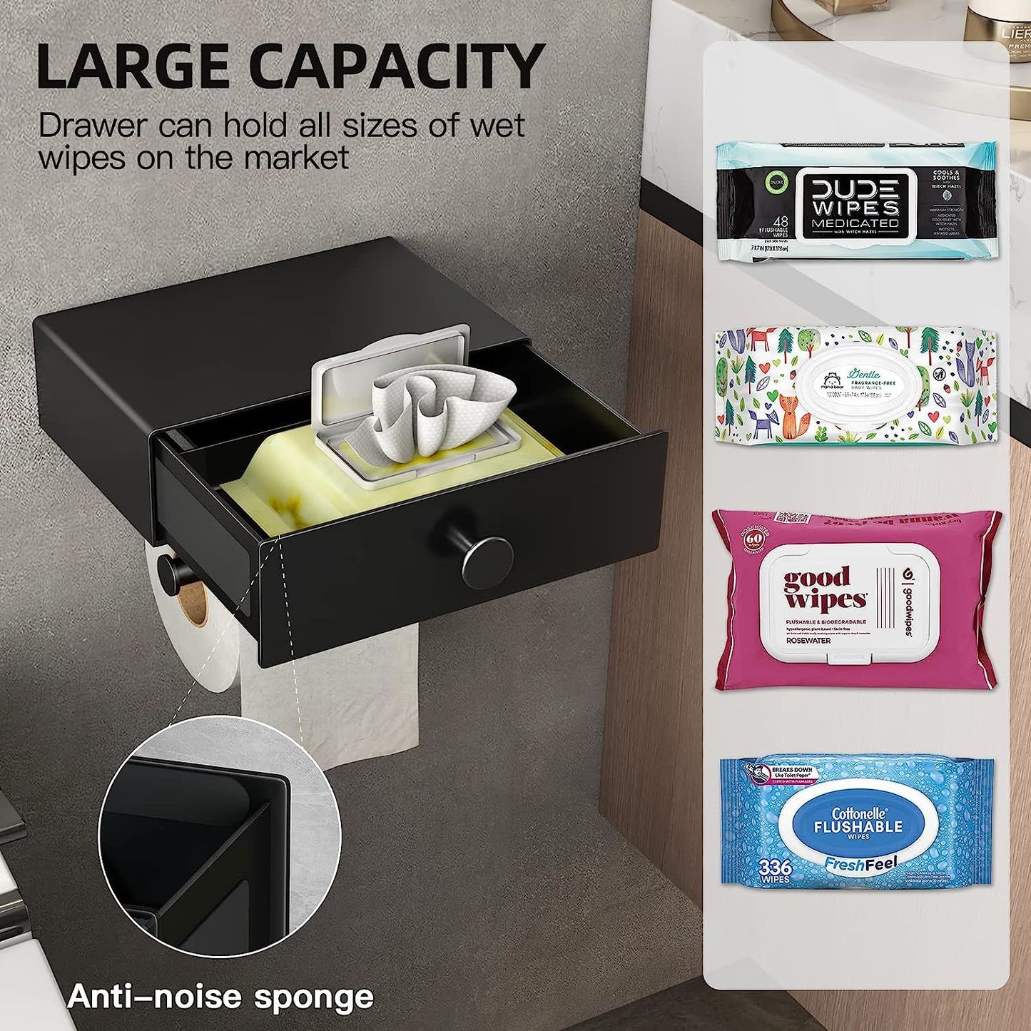 jetblack organizer: sleek toilet paper holder w/ shelf & drawer